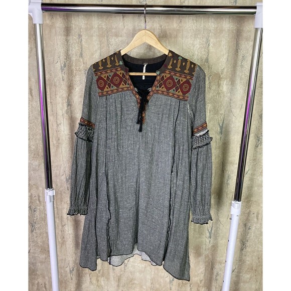 Free People XS Ties To Florence Dress Tassle Tie Front Embroidered Tunic Boho - Picture 1 of 12
